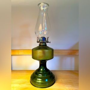 Vintage P & A Risdon Green Glass Oil Lamp Base With Burner And Chimney